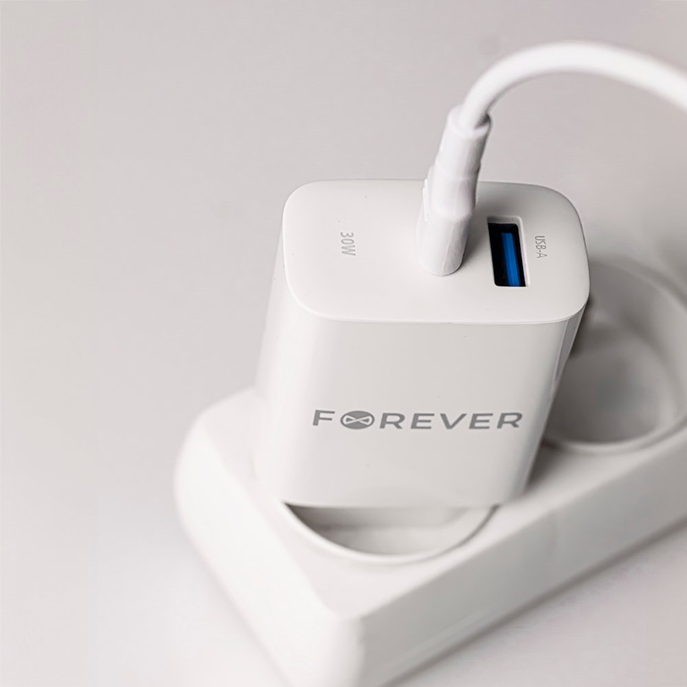 Forever TC-07-30AC PD QC lādētājs 1x USB-C 1x USB 30W balts + USB-C - USB-C kabelis 60W