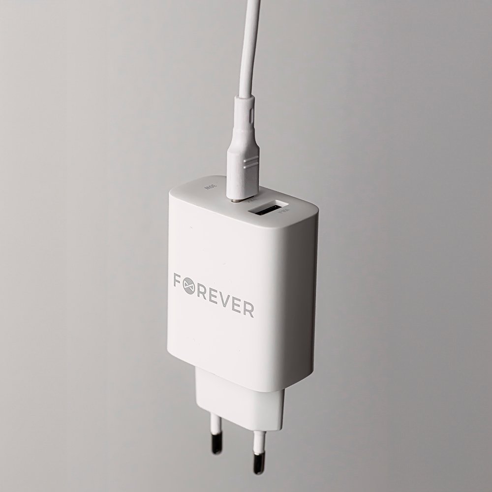 Forever TC-07-30AC PD QC lādētājs 1x USB-C 1x USB 30W balts + USB-C - USB-C kabelis 60W
