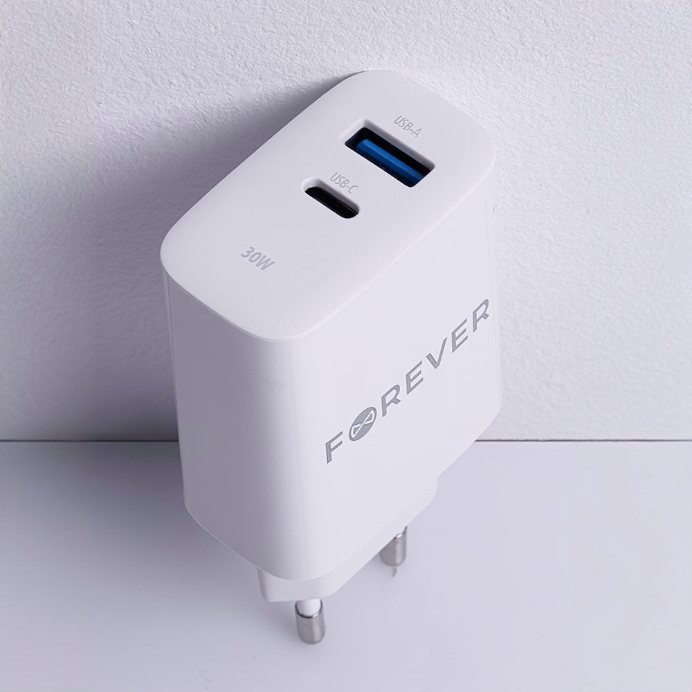 Forever TC-07-30AC PD QC lādētājs 1x USB-C 1x USB 30W balts + USB-C - USB-C kabelis 60W