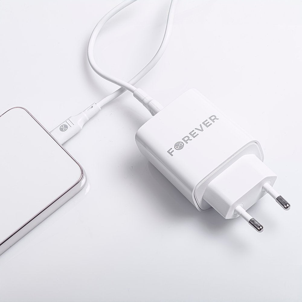 Forever TC-07-30AC PD QC lādētājs 1x USB-C 1x USB 30W balts + USB-C - USB-C kabelis 60W
