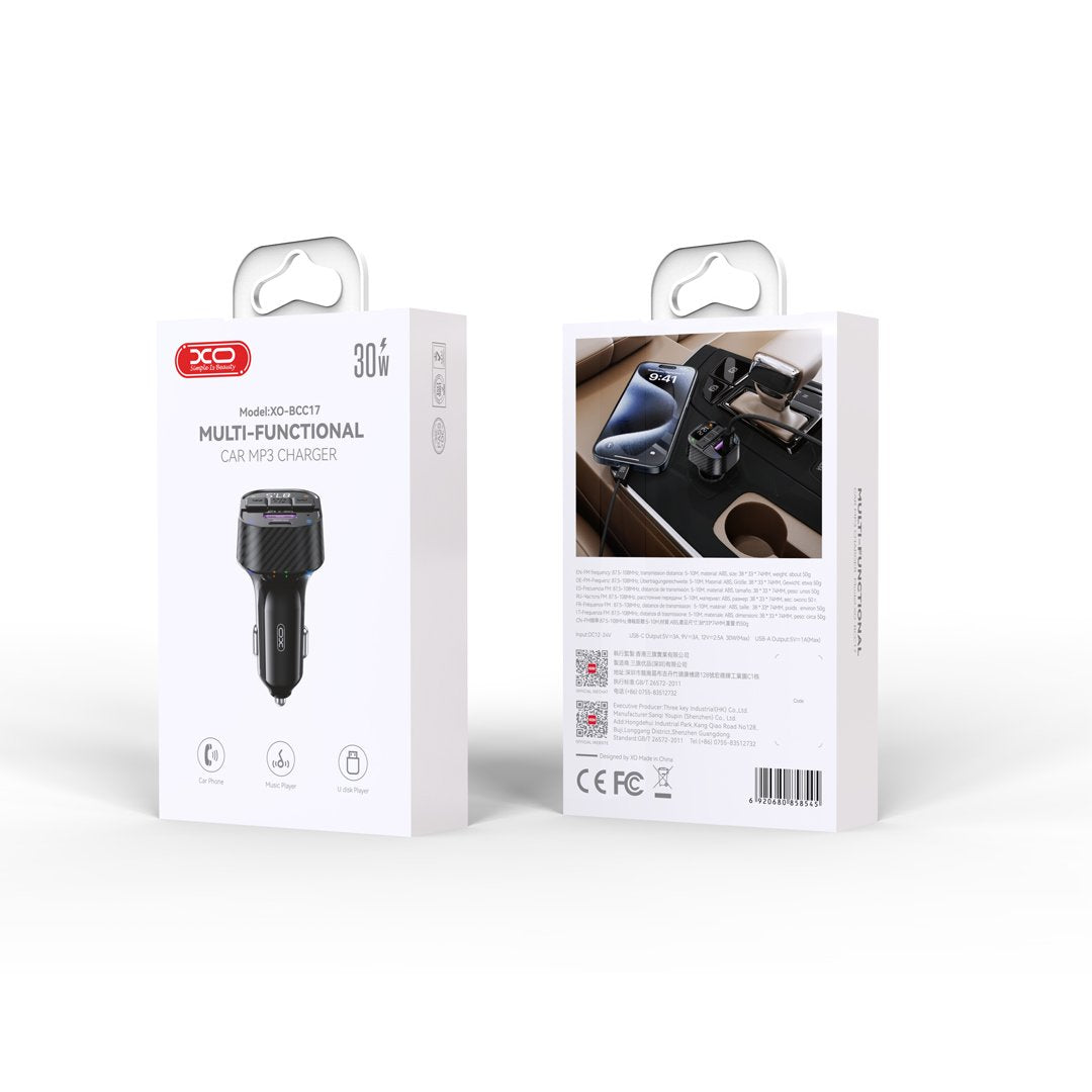 XO Bluetooth auto lādētājs FM raidītājs BCC17 MP3 30W, melns