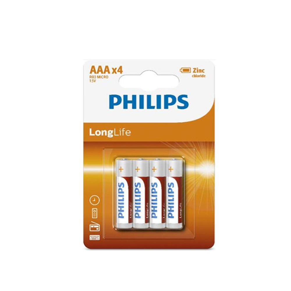 PHILIPS baterija AAA LR03 LONGLIFE 4gab blisteris