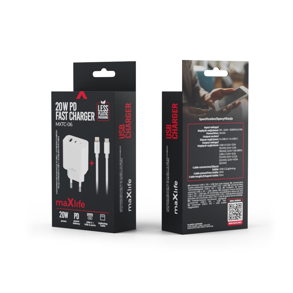 Maxlife MXTC-06-20AC PD QC lādētājs 1x USB-C 1x USB 20W balts + USB-C - Lightning kabelis 20W