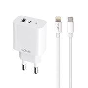 Maxlife MXTC-06-20AC PD QC lādētājs 1x USB-C 1x USB 20W balts + USB-C - Lightning kabelis 20W