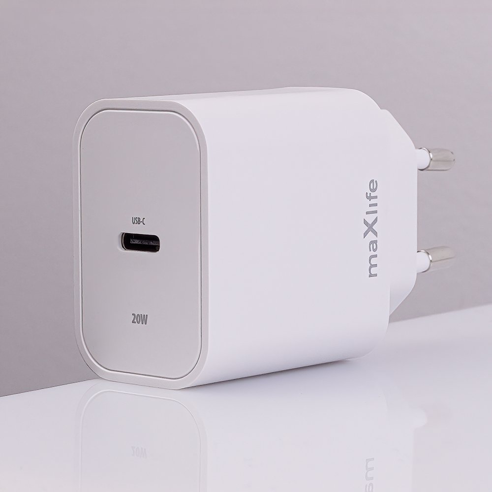 Maxlife MXTC-06-20C PD QC lādētājs 1x USB-C 20W balts + USB-C - USB-C kabelis 20W
