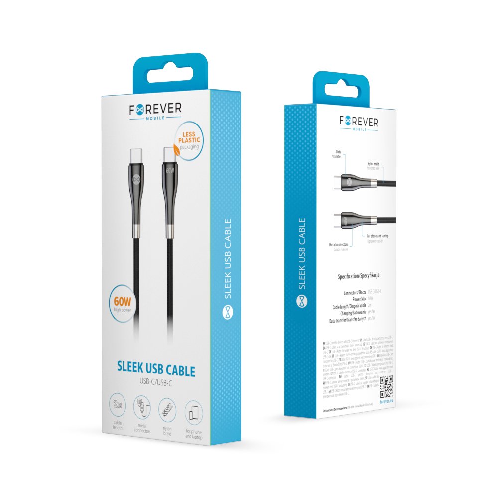 Forever kabelis Sleek USB-C - USB-C 2,0 m 60W, melns