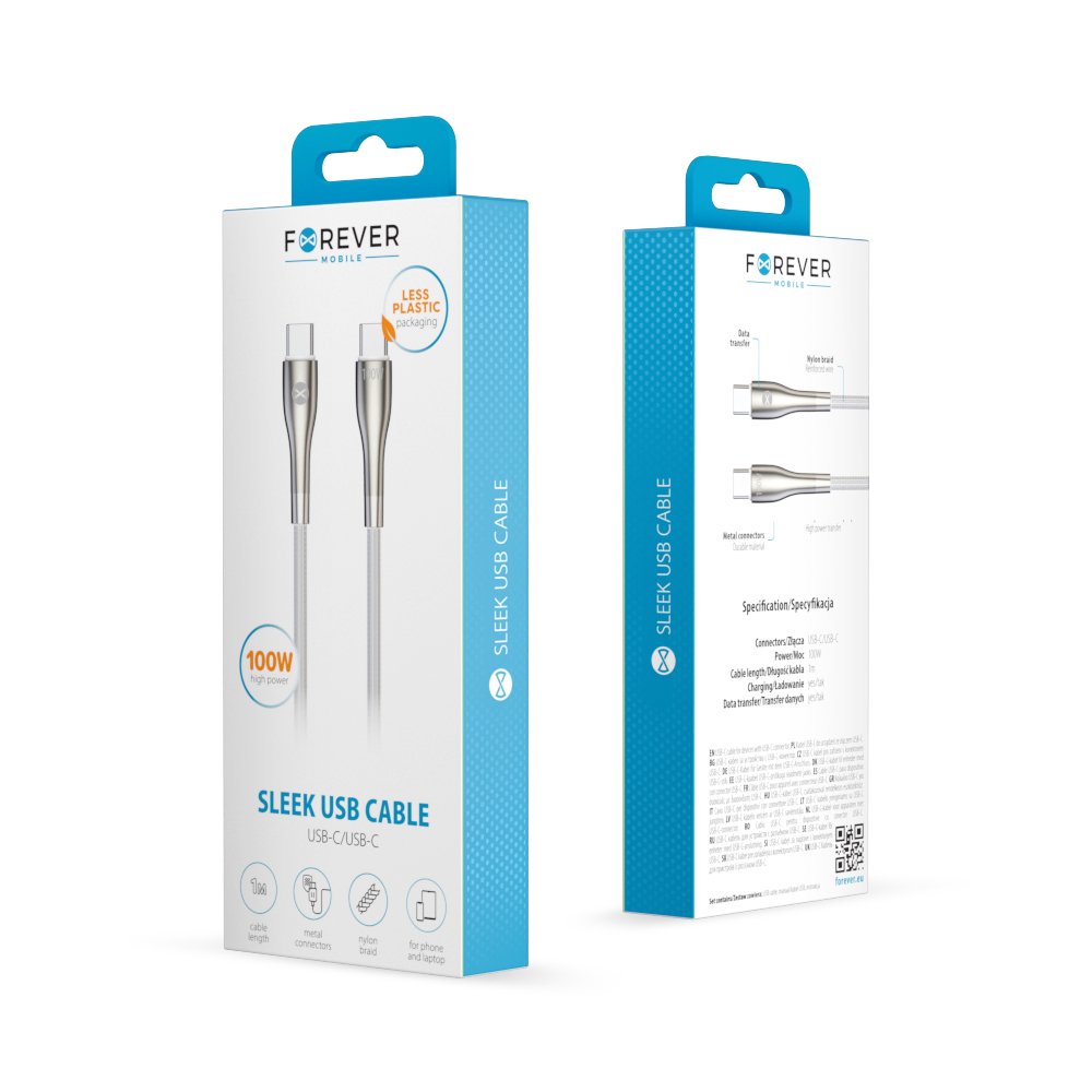 Forever kabelis Sleek USB-C - USB-C 1,0 m 100W, balts