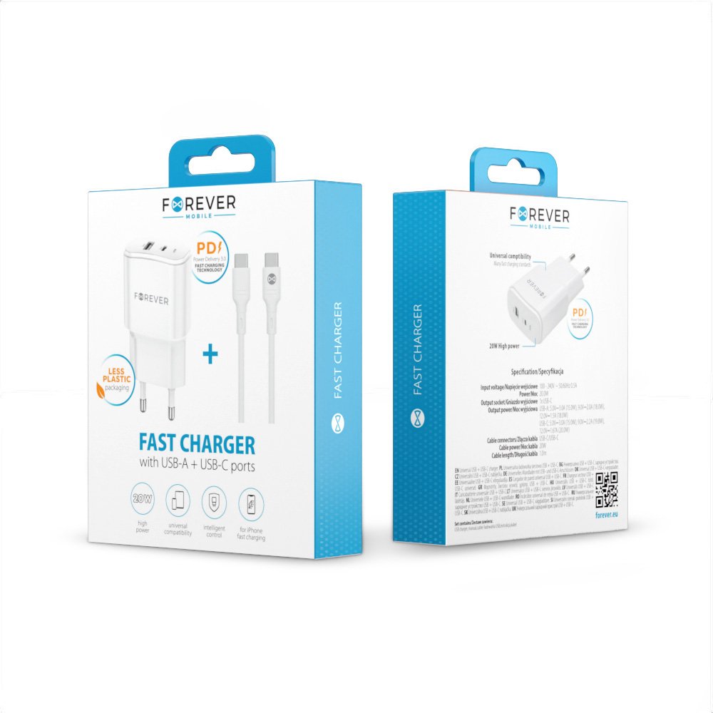 Forever TC-01-20AC PD QC lādētājs 1x USB-C 1x USB 20W balts + USB-C - USB-C kabelis 20W