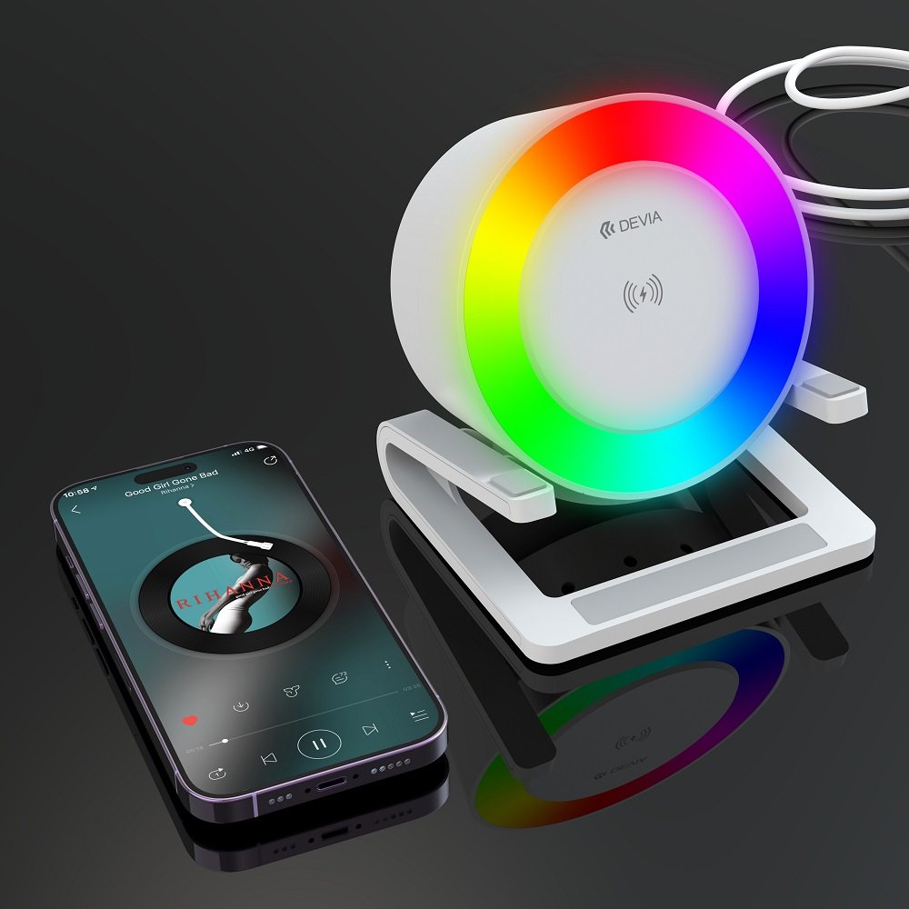Devia Bluetooth skaļrunis IM-3 ar bezvadu 15W lādētāju, gaiši balts