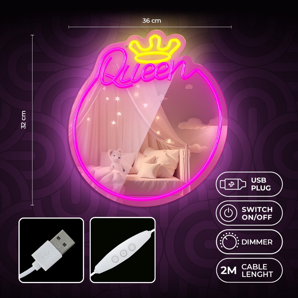 Neon spogulis LED QUEEN silti balts, rozā FMNE04 Forever Light