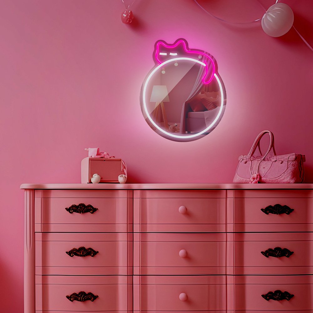 Neon spogulis LED SLEEPING CAT balts, rozā FMNE03 Forever Light
