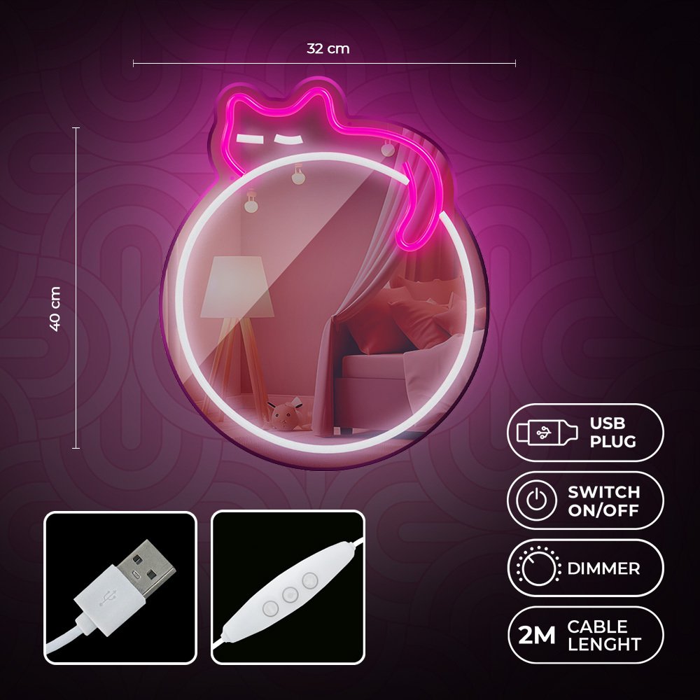Neon spogulis LED SLEEPING CAT balts, rozā FMNE03 Forever Light