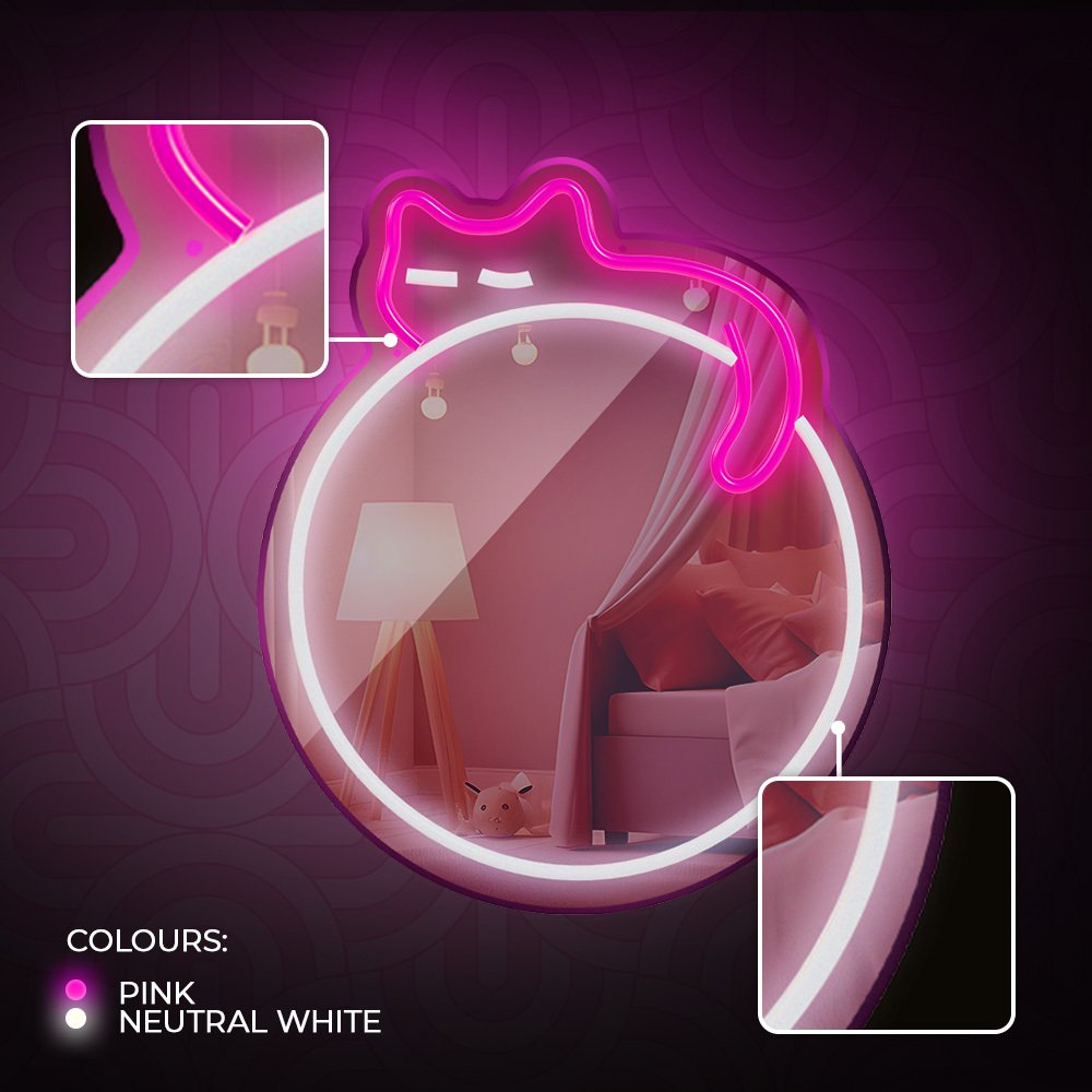 Neon spogulis LED SLEEPING CAT balts, rozā FMNE03 Forever Light