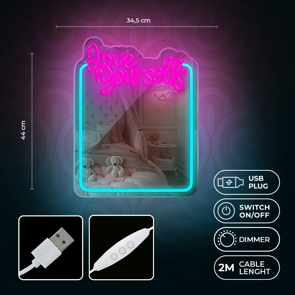 Neon spogulis LED LOVE YOURSELF tirkīza rozā FMNE01 Forever Light