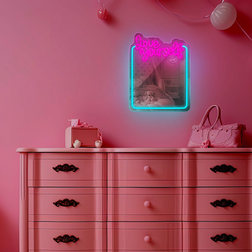 Neon spogulis LED LOVE YOURSELF tirkīza rozā FMNE01 Forever Light