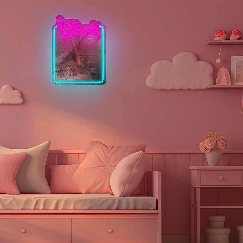 Neon spogulis LED LOVE YOURSELF tirkīza rozā FMNE01 Forever Light