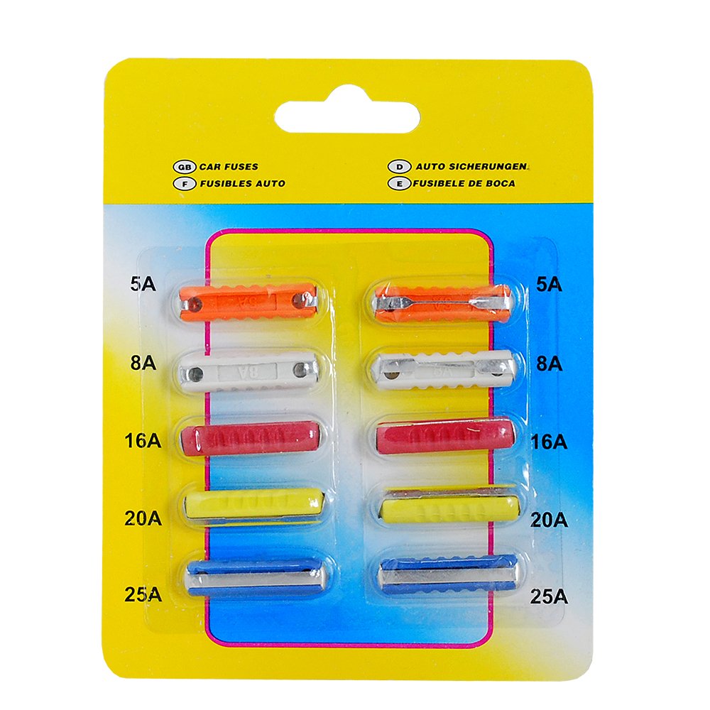 Cilindriskie automašīnas drošinātāji 5A, 8A, 16A, 2A, 25A, 10 gab. komplektā.