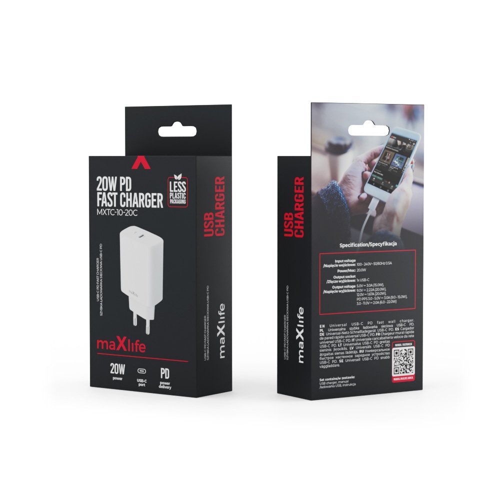 Maxlife lādētājs MXTC-10-20C PD QC 1x USB-C 20W, balts