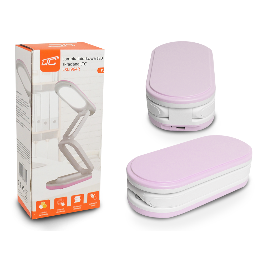 Salokāma LED galda lampa 10W, 3000/4500/6000K, 1200mAh, rozā, LTC