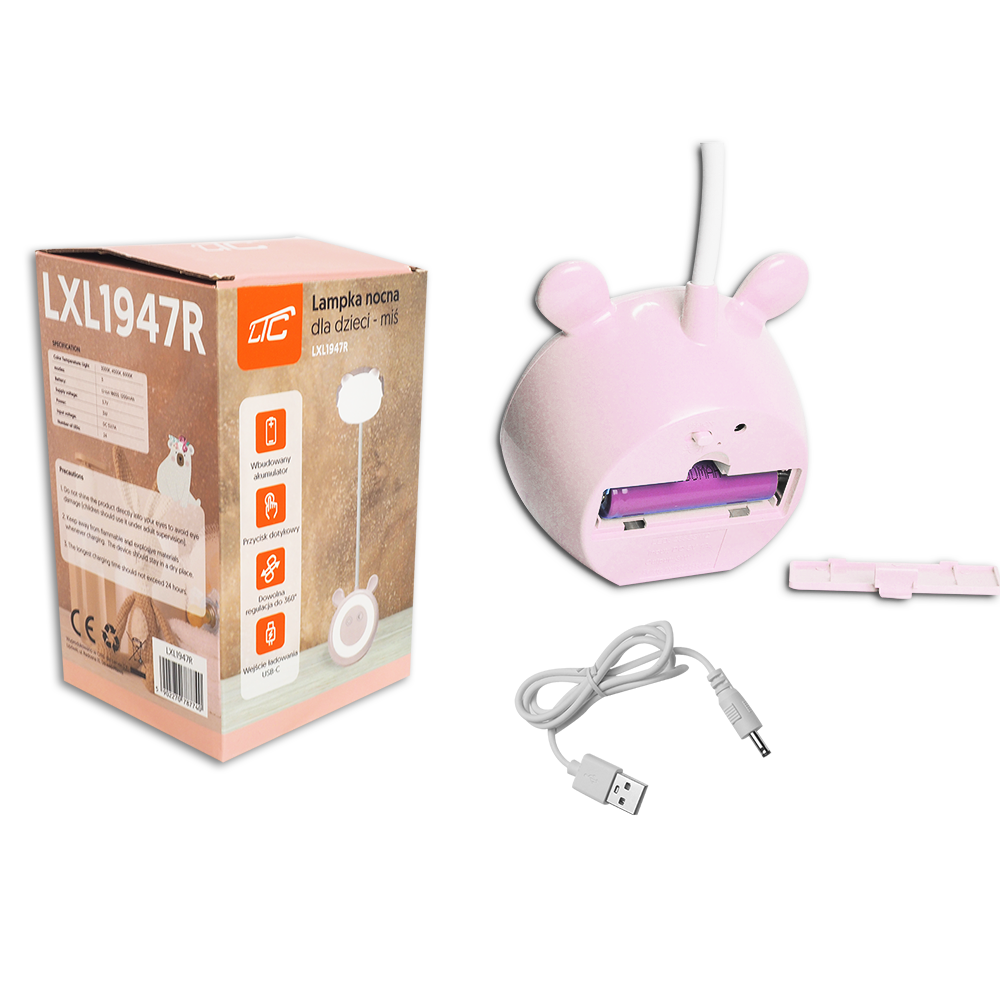 LED Teddy bear galda lampa 3W, 3000/4500/6000K, regulējama, 1200mAh, rozā, LTC