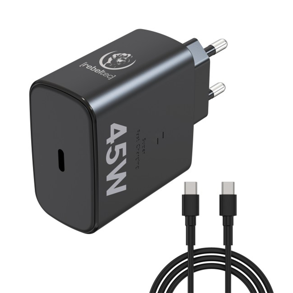 Rebeltec H1045 sienas lādētājs 45 W ar kabeli USB-C–USB-C, 2 m, melns