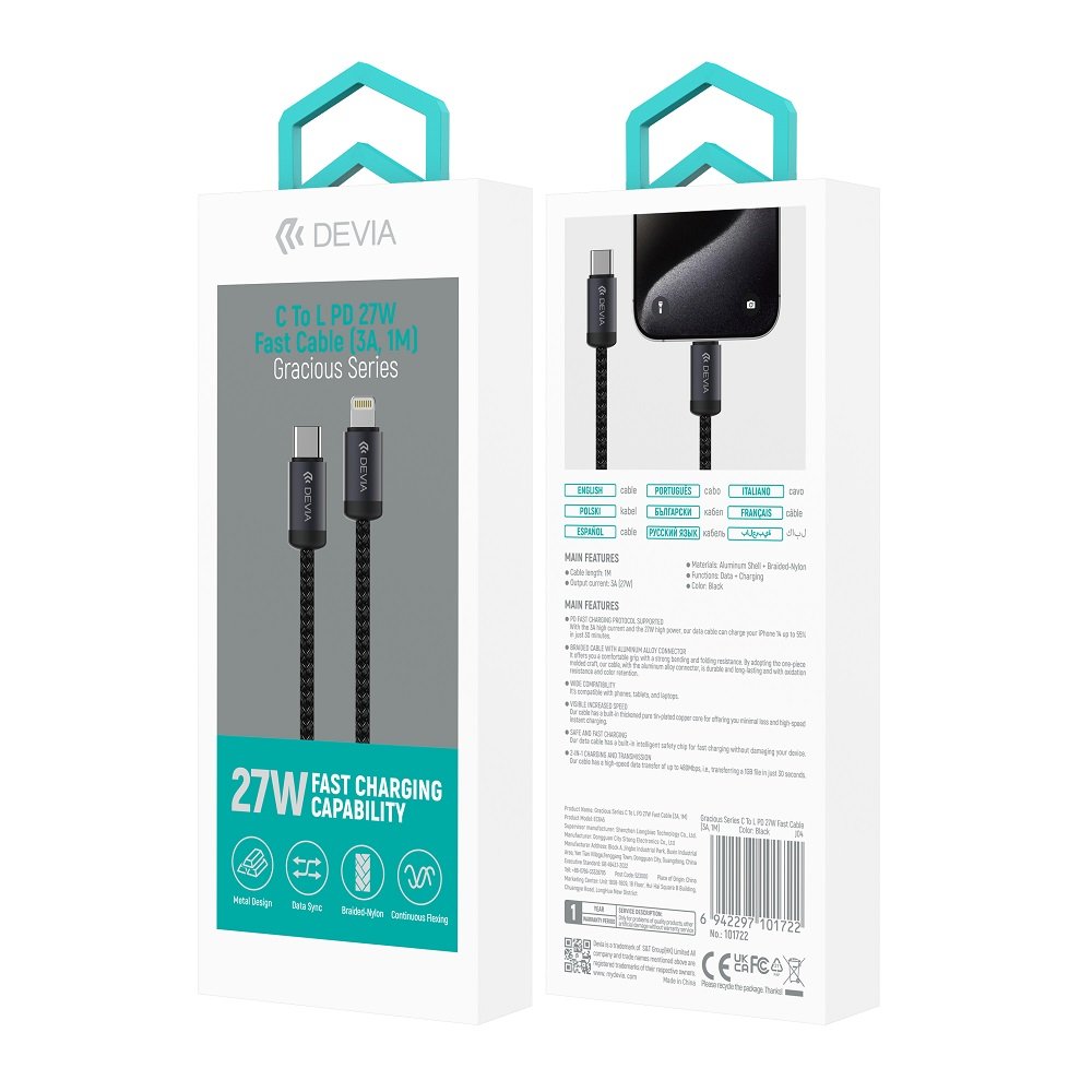 Devia kabelis Gracious EC645 PD USB-C - Lightning 1,0 m 27W 3A melns