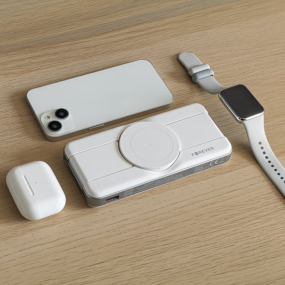 Forever ārējā baterija ar bezvadu lādēšanu MATB-300 10000 mAh, magnētiska, 3/1, balta