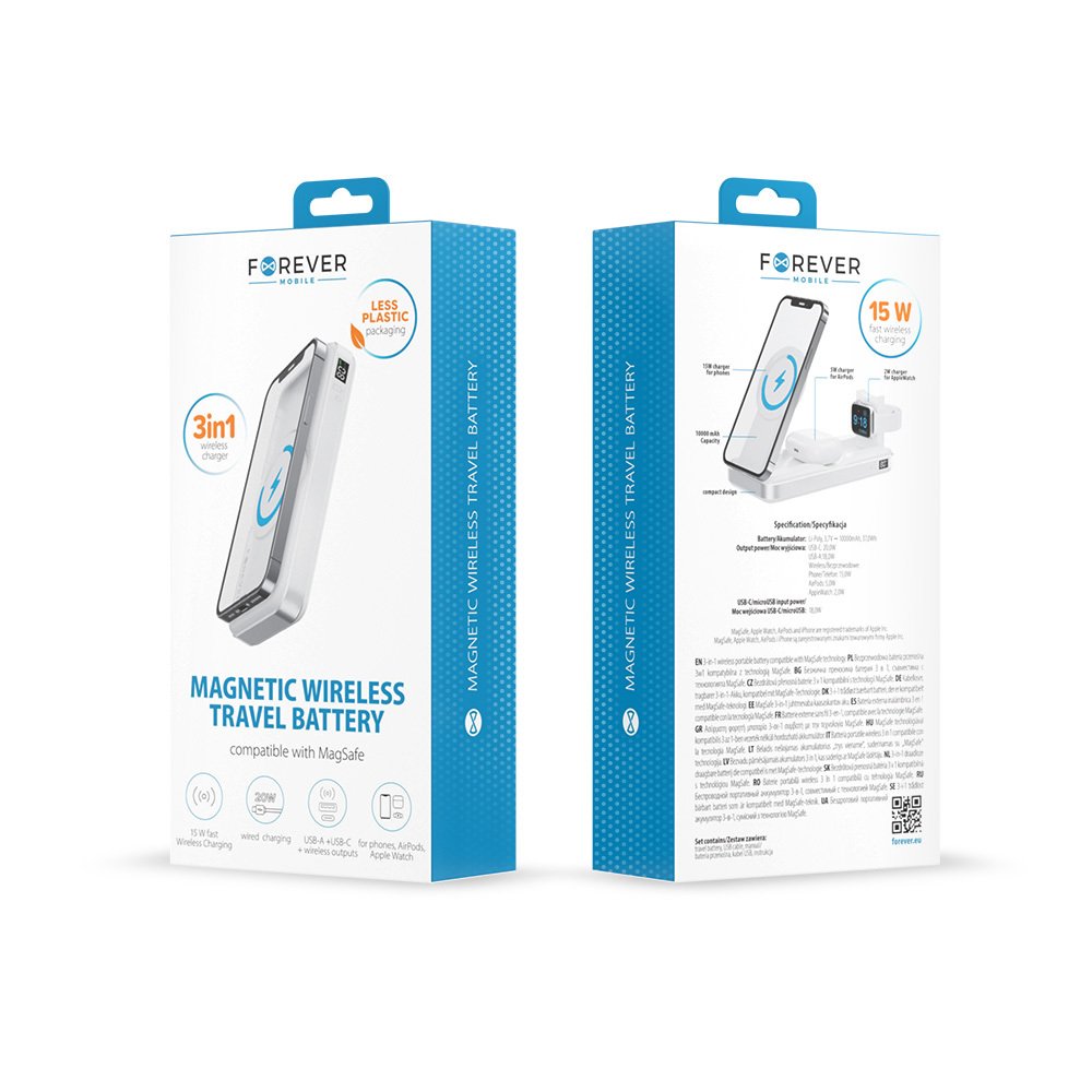 Forever ārējā baterija ar bezvadu lādēšanu MATB-300 10000 mAh, magnētiska, 3/1, balta