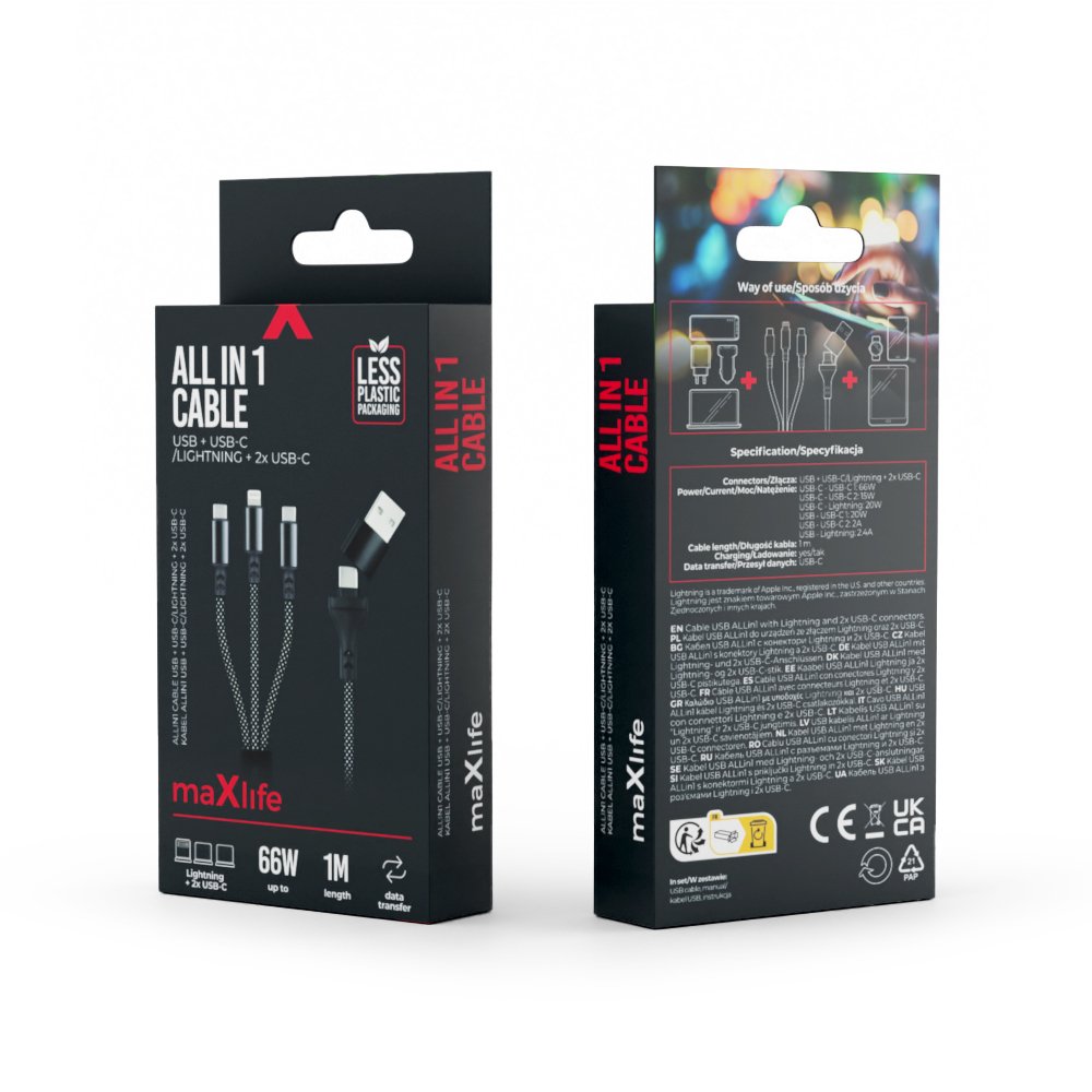 Maxlife ALLin1 kabelis USB + USB-C - Lightning + 2x USB-C 1,0 m 66W melns