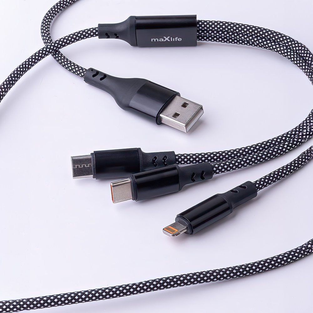 Maxlife ALLin1 kabelis USB + USB-C - Lightning + 2x USB-C 1,0 m 66W melns