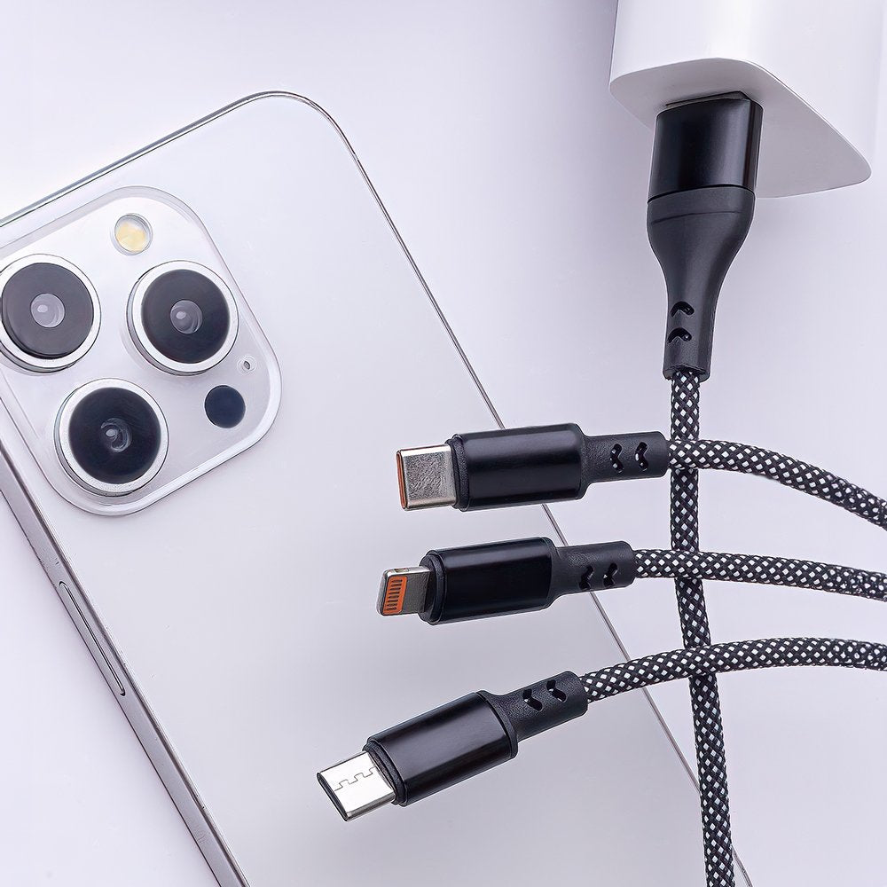 Maxlife ALLin1 kabelis USB + USB-C - Lightning + 2x USB-C 1,0 m 66W melns