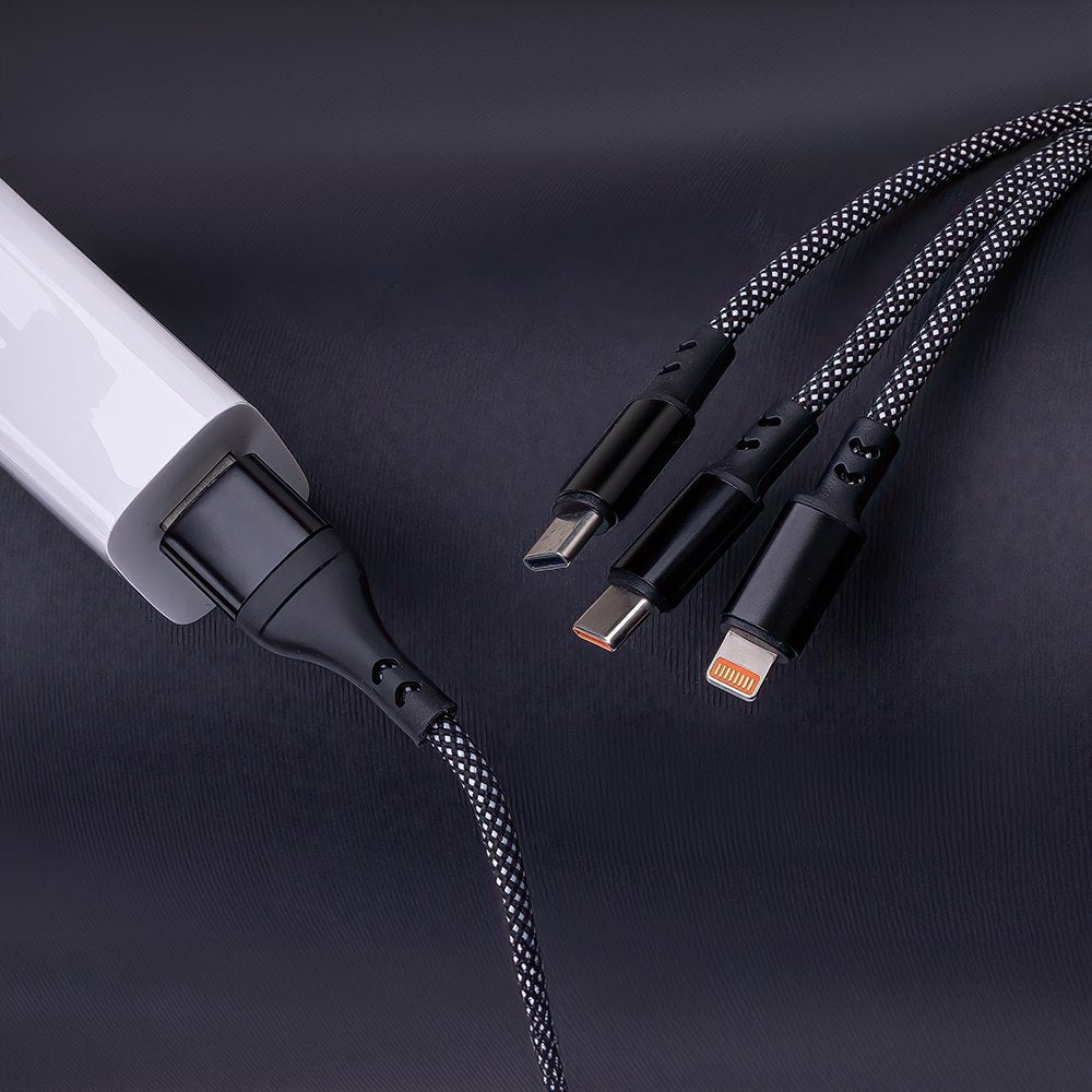 Maxlife ALLin1 kabelis USB + USB-C - Lightning + 2x USB-C 1,0 m 66W melns