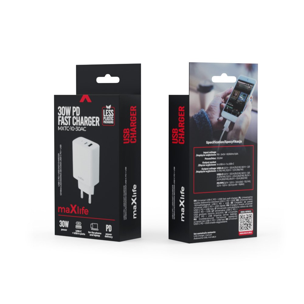 Maxlife lādētājs MXTC-10-30AC PD QC 1x USB-C 1x USB 30W, balts