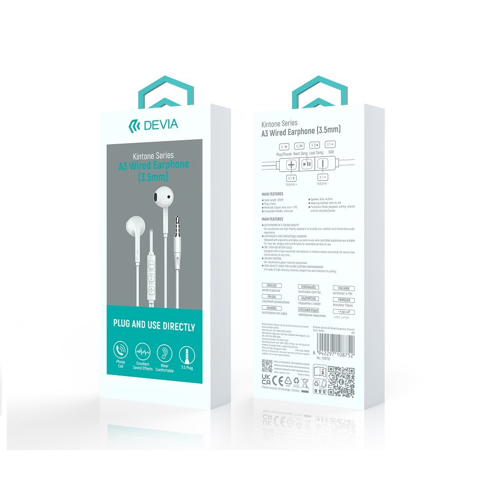 Devia vadu austiņas Kintone A3 jack 3,5mm, baltas