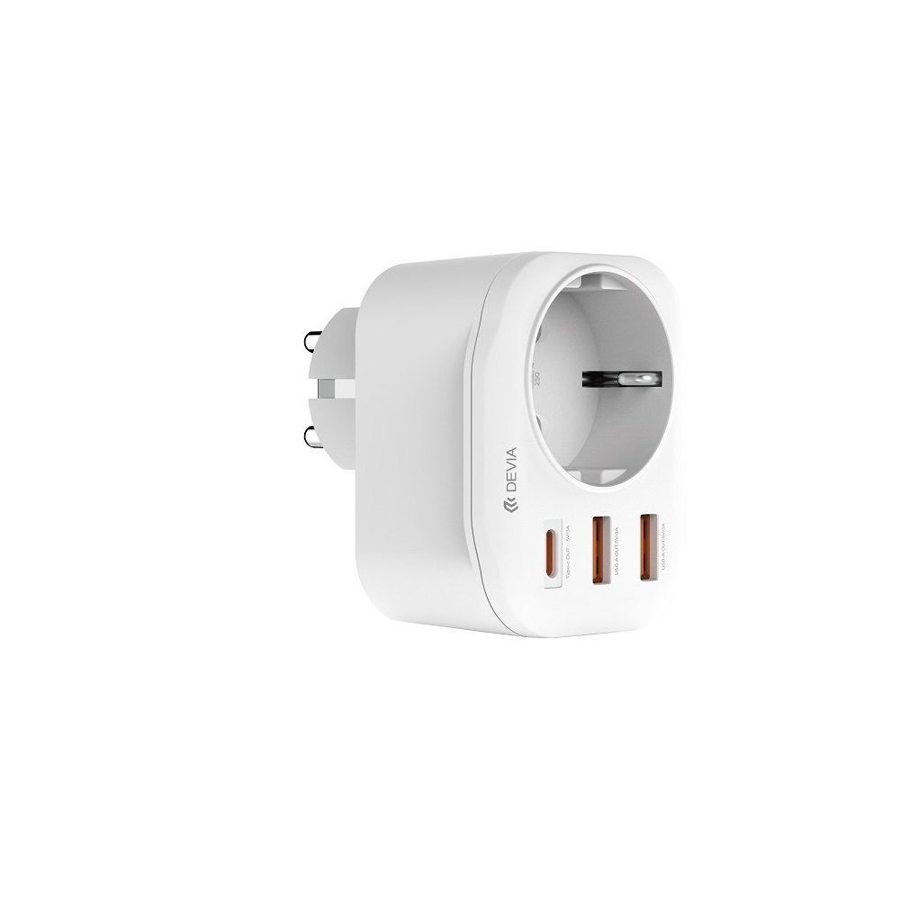 Devia strāvas kontaktligzda PD lādētājs 20W 1x USB-C 2x USB 3A balts
