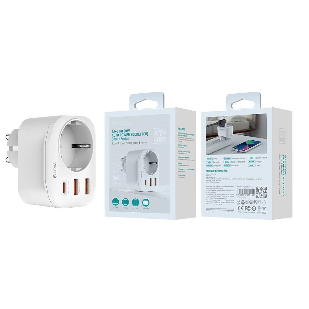 Devia strāvas kontaktligzda PD lādētājs 20W 1x USB-C 2x USB 3A balts