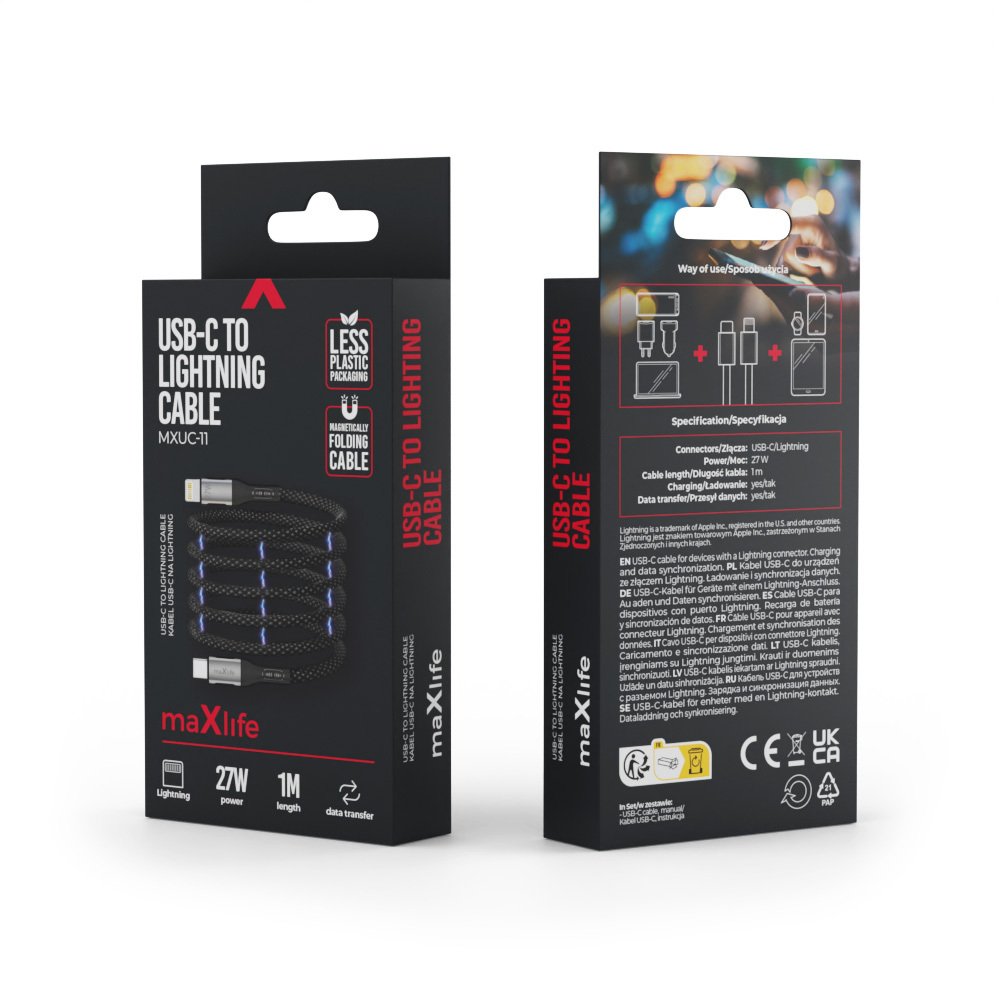 Maxlife MXUC-11 magnētiskais kabelis USB-C - Lightning 1,0 m 27W melns neilons