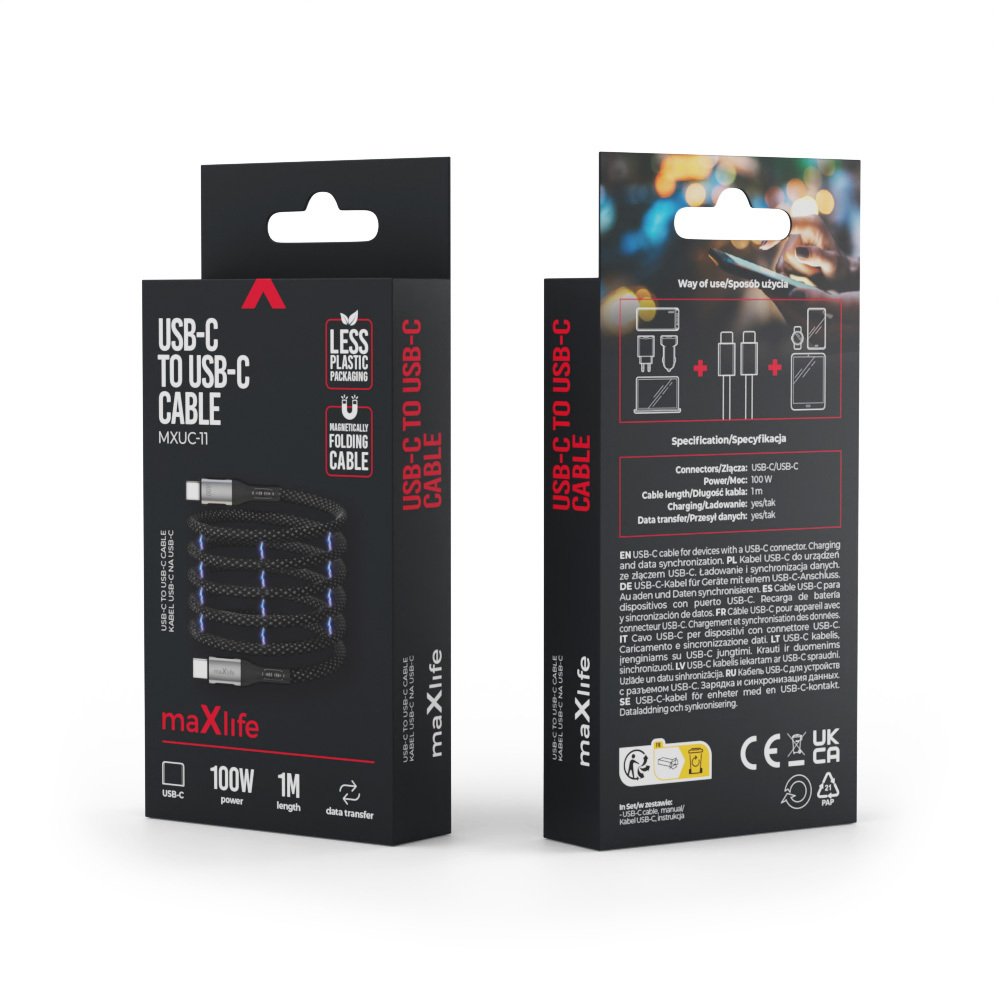 Maxlife MXUC-11 magnētiskais kabelis USB-C - USB-C 1,0 m 100W melns neilons