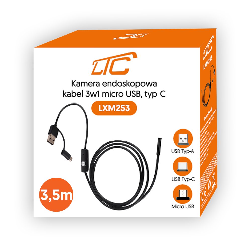 Endoskopa kamera ar 3,5 m objektīvu, 8/7/5,5 mm USB-C/Micro-USB LTC