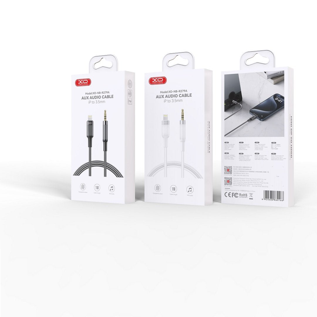 XO kabelis audio NB-R279A Lightning - jack 3,5mm 1,0m, melns