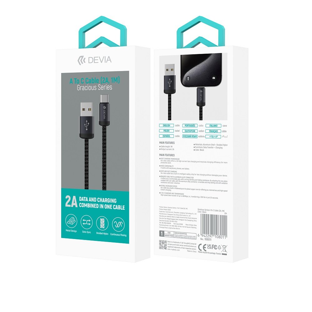 Devia kabelis Gracious EC649 USB - USB-C 1,0 m 2A, melns