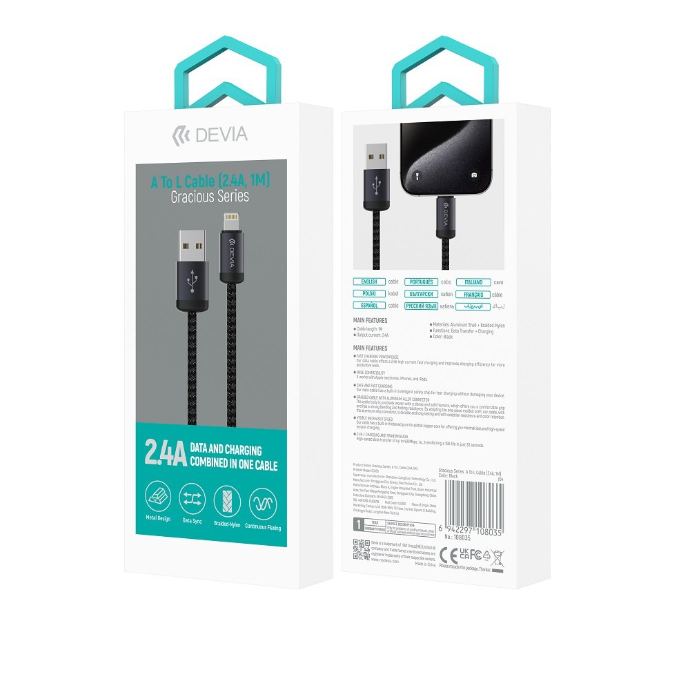 Devia kabelis Gracious EC650 USB - USB-C 1,0 m 2,4A, melns
