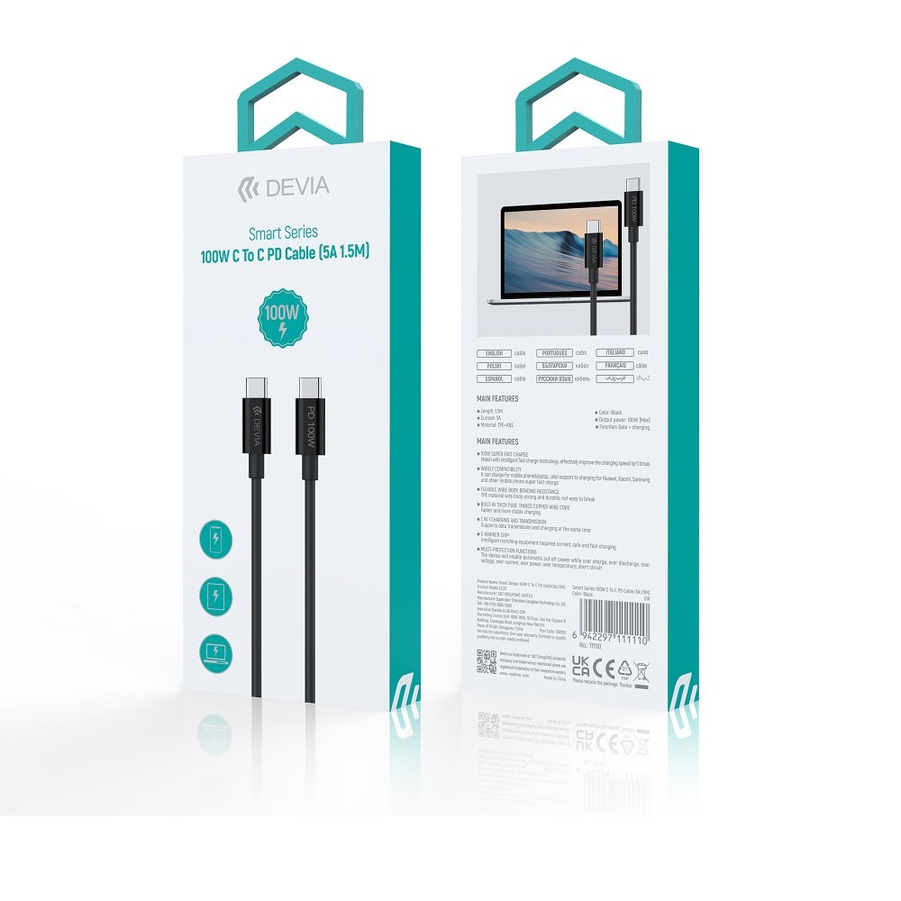 Devia kabelis Smart EC317 PD USB-C - USB-C 1,5 m 100W 5A melns
