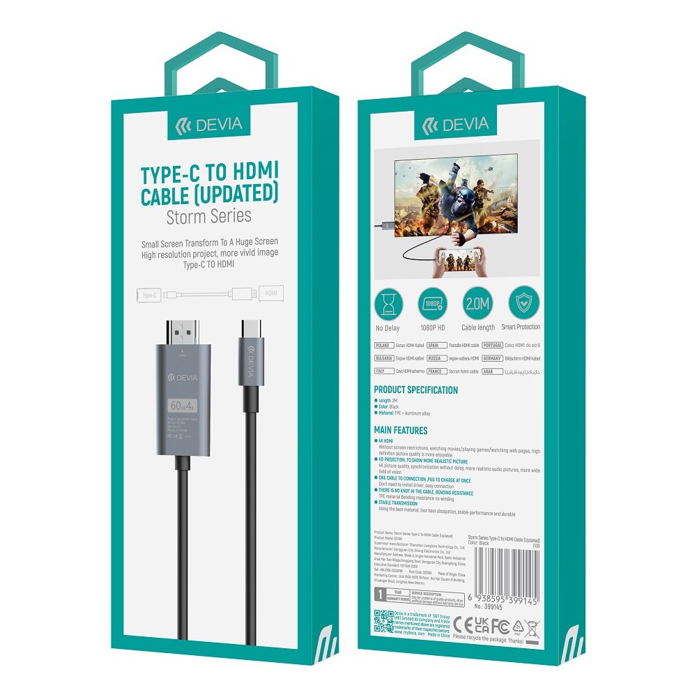 Devia kabelis Storm EC084 USB-C - HDMI 4K 60 Hz 2,0 m melns