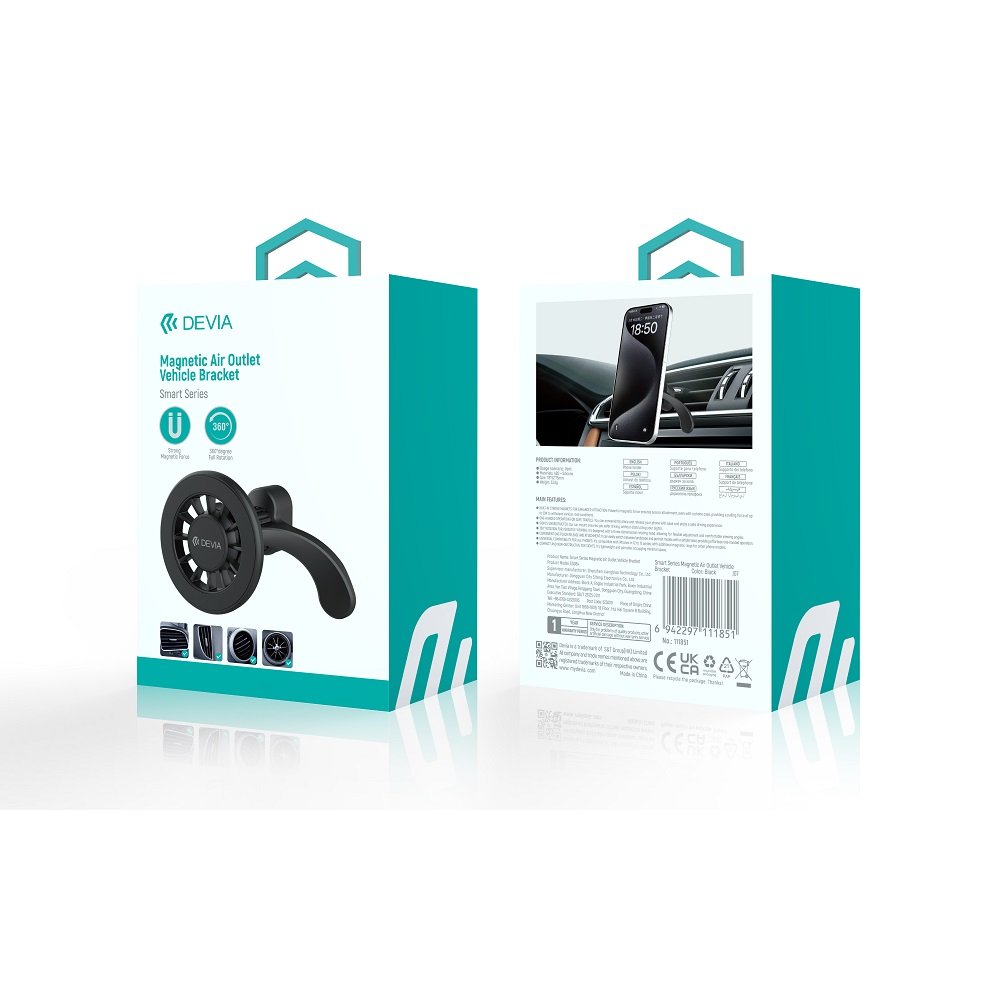 Devia auto turētājs ES084 magnētisks, stiprināms ventilācijas restē, melns