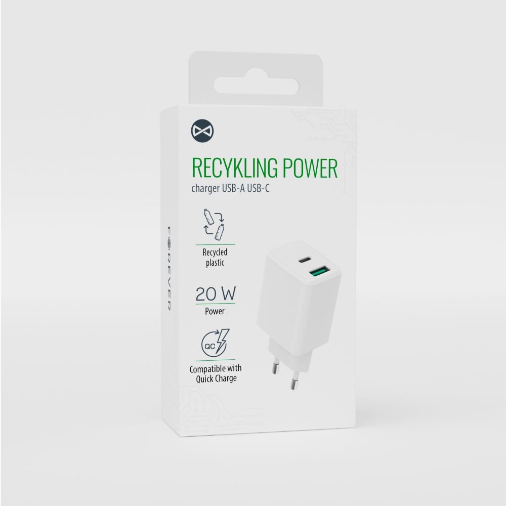 Forever Recycling tīkla lādētājs Forever recycled USB + USB-C 20W LSR20-AC-00, balts