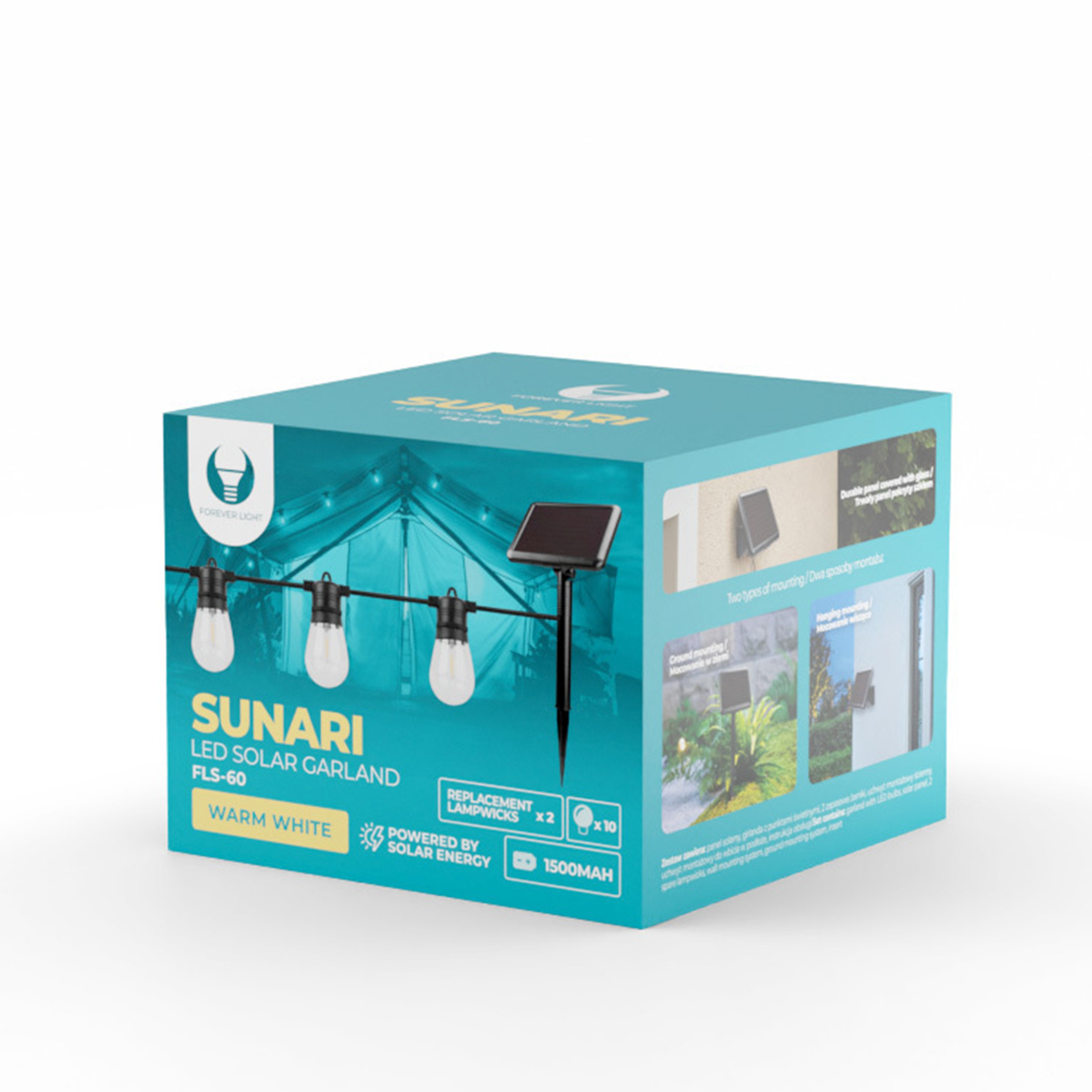Forever Light LED ar saules uzlādi virtene SUNARI FLS-60 7,5m 10 spuldzes IP44