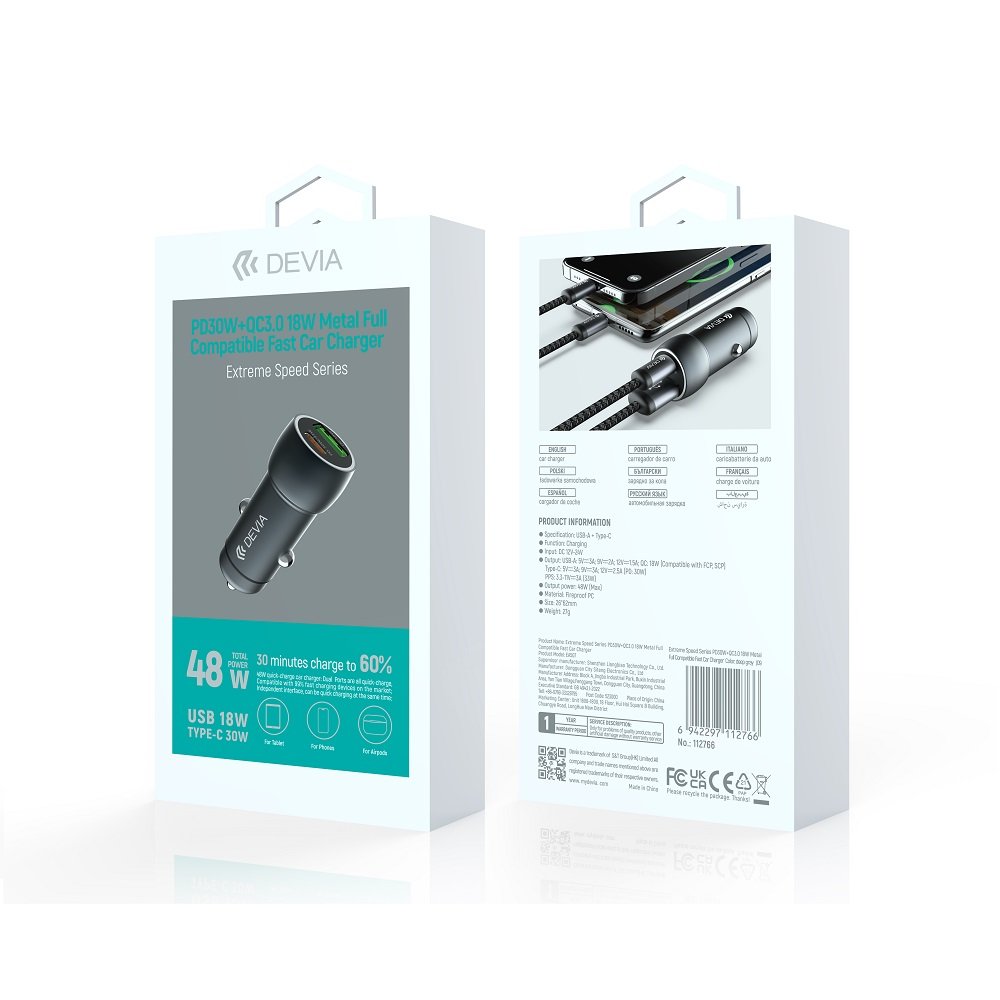 Devia automašīnas lādētājs Extreme PD QC 3.0 30W + 18W 1x USB 1x USB-C tumši pelēks