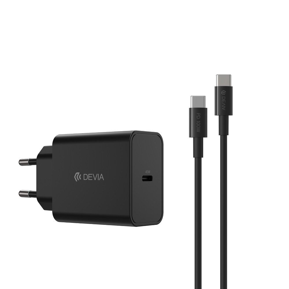 Devia tīkla lādētājs Rocket PD 45W 1x USB-C melns+ kabelis USB-C - USB-C