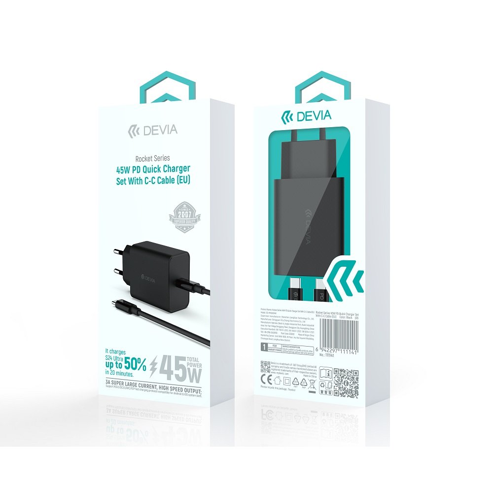 Devia tīkla lādētājs Rocket PD 45W 1x USB-C melns+ kabelis USB-C - USB-C